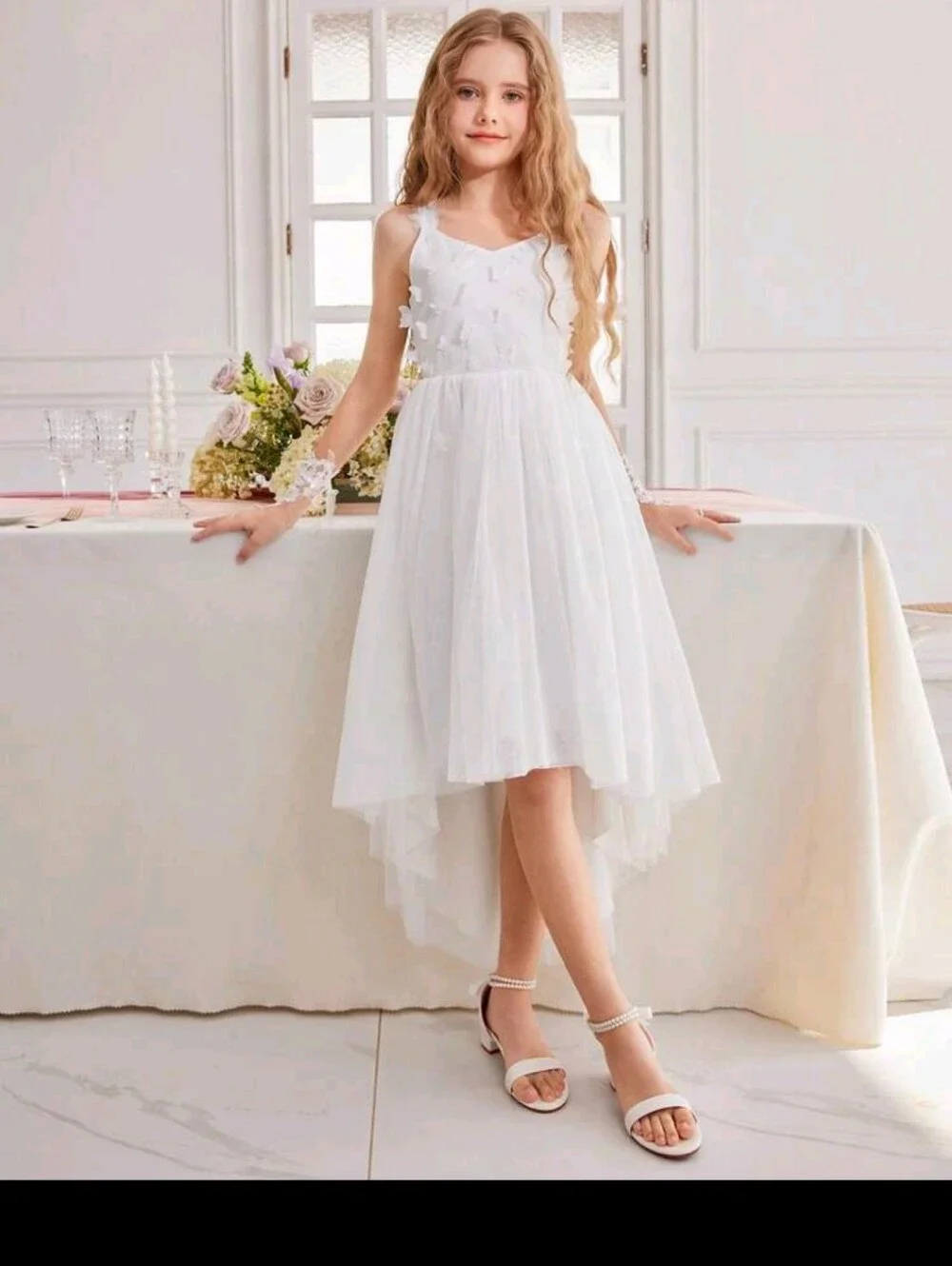 Tween Girls White Butterfly Tuelle Hi Low Dress (Size 8)
